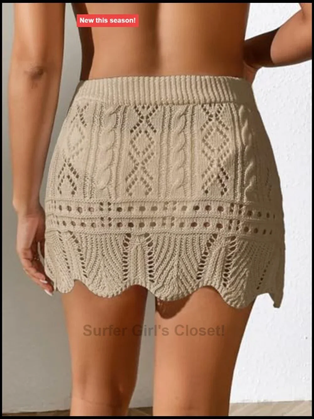 Women's Hollow Out Knit Scalloped Elastic Waist Swim Cover Up Mini Skirt